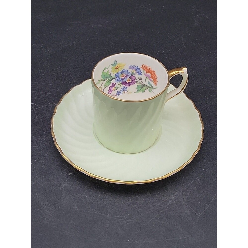 Aynsley Mint Green Flower Bouquet Demitasse Cup & Saucer- English Bone China Vtg